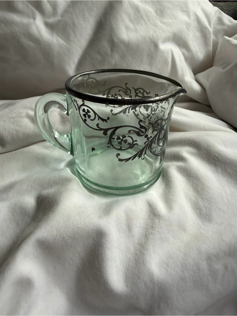 Vintage Green Glass Creamer Pitcher with sterling Silver Filigree